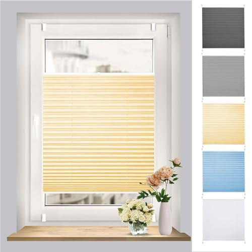Plissee Ohne Bohren Verdunkelung 95 x 170 cm Sonnenschutz, Lichtdurchlässig Plise Plisee Plisse Rollo mit Klemmträger Easyfix für Fenster & Tür, Creme Farben