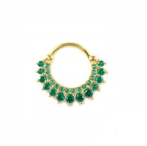CZ Kristall Septum Clicker Nasenring 925 Sterling Silber Piercing Hoop A4492-G - Gold mit grünem Stein