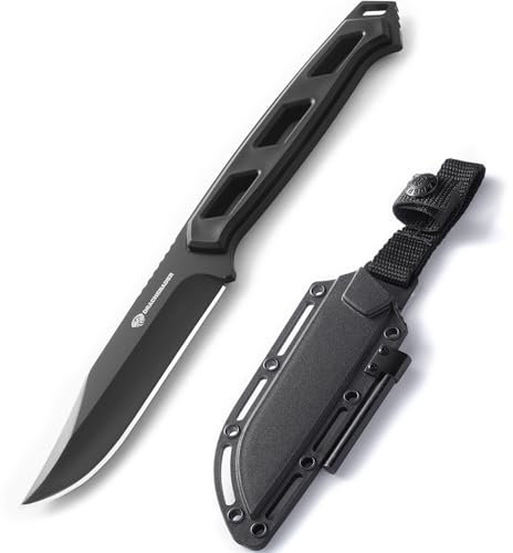 DRACHENADER Messer Outdoor SOLIXAR, 10 cm Klingenlänge, Gürtelmesser 5Cr13MoV Stahl, Feststehende Klinge Messer mit Feuerstahl und Kydex-Scheide, Voll-Schwarze