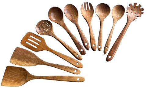 Lot de 10 cuillères en bois d'acacia pour la cuisine - Spatule - Cuillère à soupe - Couverts à salade - Cuillères à salade - Couverts de cuisine naturels