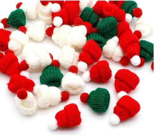 Wisafory 50 Stück Mini Weihnachtsmütze Strickmützen Kleine Puppenmütze Lutscher Mütze Weinflasche Topper Puppenhut Nikolausmützen Weihnachtshut für DIY Basteln Weihnachtsschmuck Weiß