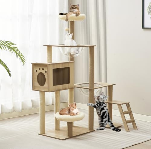Mekidulu Cat Tree, 137cm Cat Tower for Indoor Cats Large Cats, Multi-level Cat Climbing Tower, 7 Sisal Scratching Posts, 2 Bowls,2 Plush Top Perches,1 House,Ladder（KT1034）