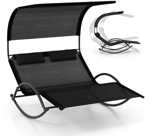 RELAX4LIFE Letto a Dondolo Doppio per Esterni, Lettino Sdraio Oscillante con Tenda Parasole e Cuscini Poggiatesta, Amaca Letto con Telaio Metallico Robusto per Patio, Cortile (Nero)