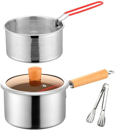 Pentola per friggere, pentola per friggere in acciaio inossidabile 304 con cestello filtrante e maniglia, mini friggitrice da piano cottura con coperchio visibile e pinza per pesce, gamb