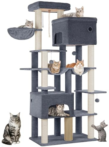 Hzuaneri Kratzbaum, 200cm XXL Kratzbaum mit 10 Kratzsäulen, 2 Höhlen, 2 Hängematten, große Plattform, Katzenbürsten, Korb,Schwerer Katzenbaum für Maine Coon, große Katzen, Dunkelgrau MS20018SG