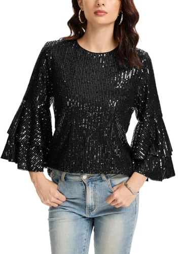 Kyzoeyou Top con paillettes scintillanti da donna camicetta a maniche lunghe girocollo tunica completamente foderata maglietta per feste uscire uso quotidiano, B-nero, XXL