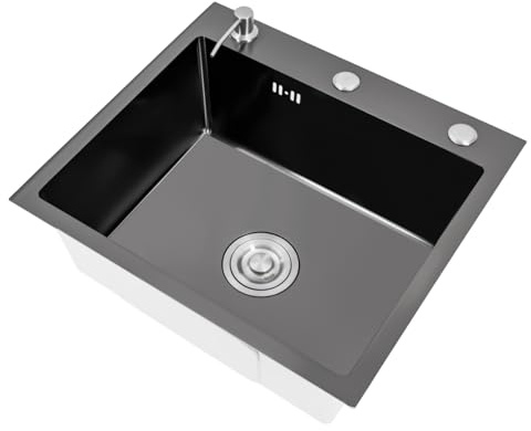Fregadero de cocina, 50 x 45 cm, acero inoxidable, lavabo integrado, lavabo de oro negro, con fregadero + pantalones de drenaje + dispensador de jabón para fregadero, bajo encimera