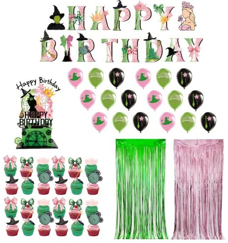 Green And Pink Party Decoration, Balloons, Cupcake Topper, Banner And Cake Topper Set For Party Disco Cosplay Birthday Table Decor Supplies