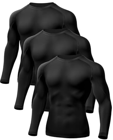Odoland 3 Pack Long Sleeve Compression Shirts for Men, Crew Neck Sports Undershirt, Athletic Base Layer Top for Workouts Gym,Black*3,XXXL