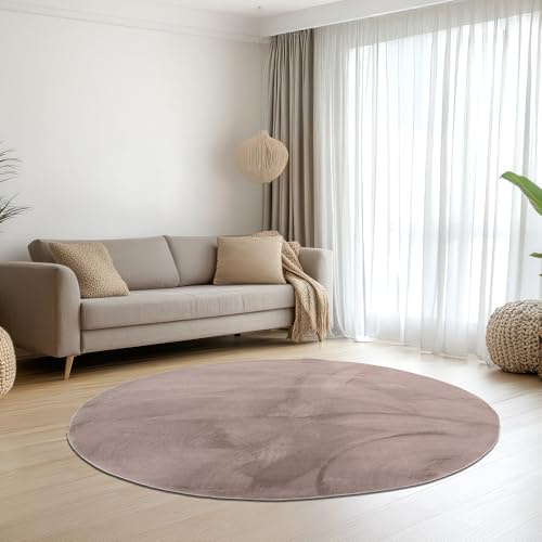 Teppich-Traum Teppich Wohnzimmer Schlafzimmer Kurzflorteppich Hasenfell Kunstfell Optik seidig weich samtig schimmernd pflegeleicht einfarbig Taupe 140 cm rund