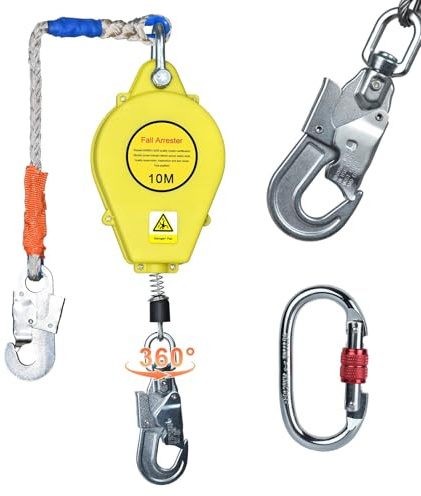 VFDZ Dispositivo Anticaida Retractil 10m/15m/20m, Anticaidas Retractil Seguridad Homologado con Gancho Giratorio de 360°, Profesional Linea de Vida Retractil, Capacidad de Carga: 150kg(Amarillo,10m)