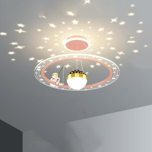Kids Room Astronaut LED Ceiling Light with Projector Stars Dimmable Round Modern Chandelier Pendant Light Boys Bedroom Ceiling Light for Girls Boys Room Nursery Children, Pink White Blue (Punk)