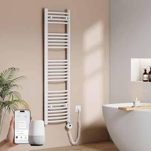 EMKE WiFi Badheizkörper Elektrisch 1400x400 mm - Gebogen Handtuchheizkörper Elektrisch, Elektrischer Handtuchwärmer Handtuchtrockner mit Thermostat und Heizstab - 500W, Weiß