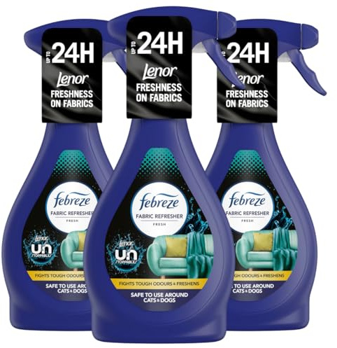 Febreze Fabric Freshener Spray Bundle – 3 x 500ml Unstoppables Fresh, Water-Based Fabric & Carpet Odour Eliminator, Room & Home Air Freshener Spray with Card – Bulk Buy Pack
