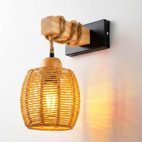 Psatfito G Wall Lights Indoor, Sconce Lights Basket Rattan Lampshade, E27 Vintage Rope Wall Lamp, Industrial Lights Fittings, Indoor Wood Wicker Wall Sconces for Living Room Bedrooms Hallway