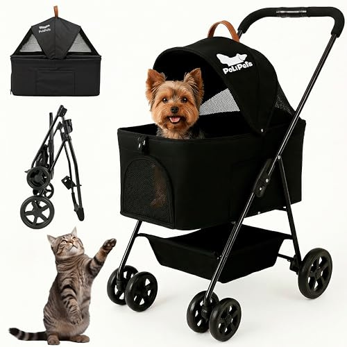 POLIPETS Hundewagen 2in1 für Haustiere bis 15 kg, Hundebuggy Hundebox Tragetasche, klappbar & faltbar 360° Drehrädern Getränkehalter, tragbarer Haustierwagen für kleine Hunde (Schwarz)