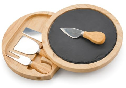 besto Cheese Board and Knife Set (4 Pcs) | Hevea Wood Round Slate Cheese Board with Knives & Fork | Cheeseboard Gift Set | Hand Cleaning Recommended (Avoid Dishwasher)
