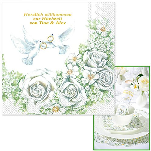 Servietten Romantik mit Rosenmotiv, einzeln geprägt mit Ihrem WUNSCHTEXT in GOLDSCHRIFT, ca. 33 x 33 cm