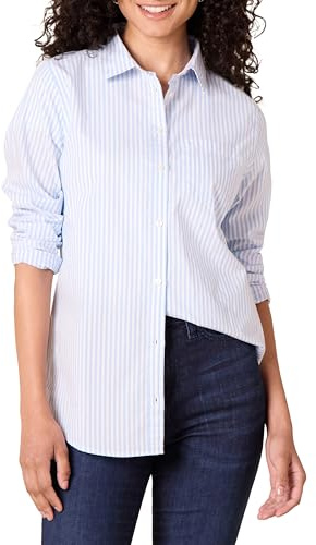 Amazon Essentials Women's Classic-Fit Long-Sleeve Button-Down Poplin Shirt, French Blue White Stripe, Small