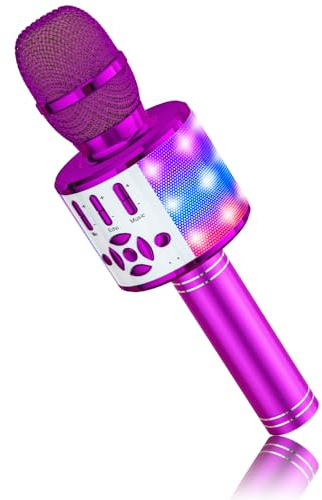 BONAOK Kinder Karaoke Mikrofon, 4 in 1 Magic Sing Microphone, Drahtloses Bluetooth Lautsprecher für die Zuhause Party, Geschenke Spielzeug Mädchen Jungen, Jahrenkompatibel mit Smartphone PC (Lila)