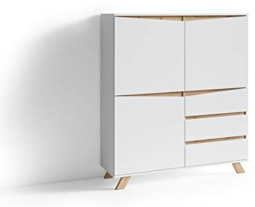 byLIVING Highboard Valentin/Sideboard matt weiß mit Absetzung in Eiche-Optik/Wohnzimmer-Schrank mit 3 Türen und 3 Schubkästen/Im Scandi-Style/Grifflos/B 120, H 137, T 38 cm