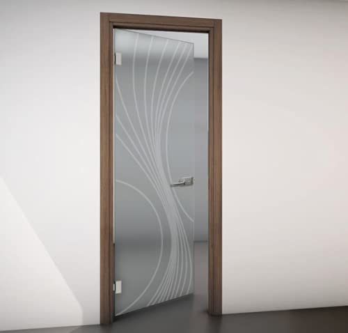 Porta interna a battente in vetro satinato e disegno sabbiato con Telaio Rovere Sbiancato e Serratura 80x210 Spingere a Sinistra