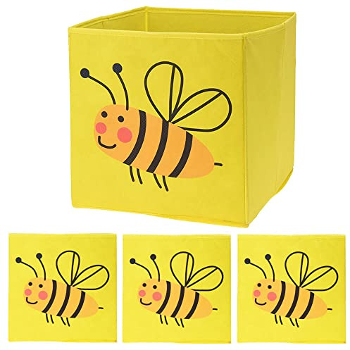 Murago 4er Set Faltboxen ca. 30x30x30 cm - Aufbewahrungsbox faltbar Körbe Gelb Biene Einschub Boxen Stoff Würfel Regalkorb Klappbox für Kinderzimmer