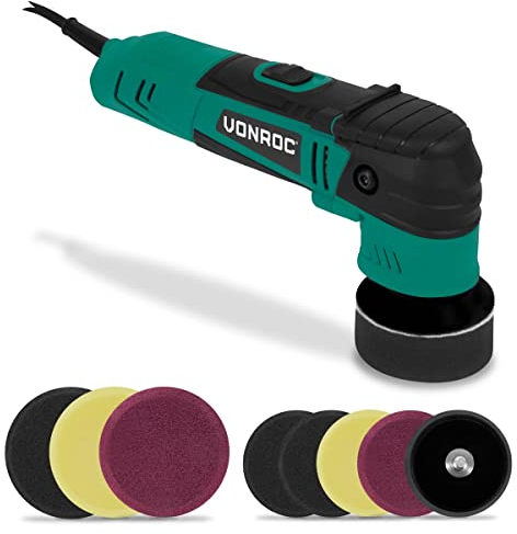 VONROC Lucidatrice auto orbitale - 400W, 50/75mm, per Auto, Moto e Barche- Rimuove Graffi, Applica Cera, Ottimizza Lucentezza - Include 8 Tamponi e Piastre di Supporto, Cavo 4m, Soft Start