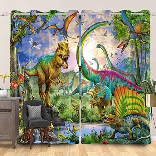 SDOTPMT 117x138cm Dinosaure Rideau de Fenêtre Ancien Sauvage Animal Herbe Forêt Faune Naturel Paysage Opaque pour Enfants Salon Chambre, 2 Panneaux