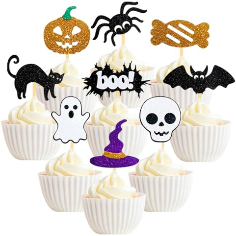 36 Stück Glitzer Halloween Cupcake Topper Dekorationen, Geist Halloween Kuchendeko Tortendeko für Party Dekoration