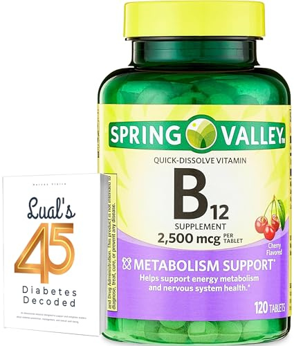 Spring Valley Vitamin B12 Quick-Dissolve Tablets Dietary Supplement | Vitamin B12 2500 mcg | B Vitamins | Vitamin B12 Complex for Women and Men | 120 Tablets Bundle with Lual's 45 Diabetes Decoded