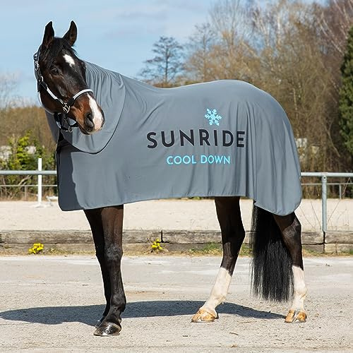 SUNRIDE Coperta rinfrescante per cavalli (Cool Down) (set da 3 pezzi) – con copricollo e panno – effetto rinfrescante immediato tramite raffreddamento evaporativo – sostenibile – grigio (145 cm)