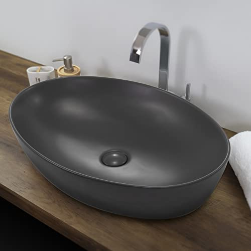 RAVELLO Vasque à poser ovale lavabo en céramique gris mat 61 x 41 cm