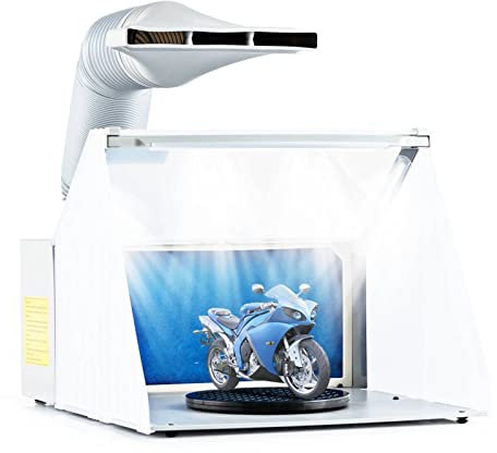 TANGZON Airbrush Spray Booth, Hobby Spray Booth Kit with Powerful Fan, 3 LED Lights, 2-Layer Filter, 360° Revolving Turntable & Exhaust Hose, Portable Paint Booth for Models Crafts (No Top Holders)