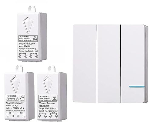 Meichoon IP54 Waterproof Wireless Light Switch Kit Remote Control No in-Wall Wiring Required Up to 100ft Range Programmable for Ceiling Fans Lamps Easy to Install 1 Three-Way Switch + 3 Receiver