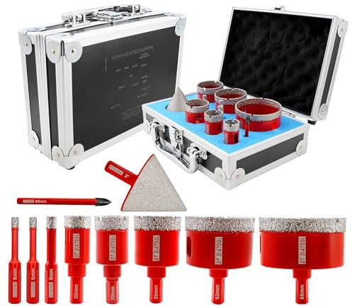 Diamond Core Drill Bit Set, DT-DIATOOL 11pcs - 6/6/8/20/25/35/45/50/65mm+6mm Carbide Positioning Drill Bit with Triangle Shank + 50mm Hex Shank Chamfer Bit for Porcelain Tile Ceramic Granite Marble