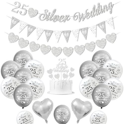 Silver Wedding Decorations, 25th Wedding Anniversary Decorations Happy 25th Anniversary Balloons Silver White Balloons Heart Balloon Banner Cake Topper