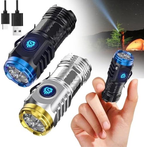 2 Stück Mini-Taschenlampe mit dreiäugigem Monster, Aufladbar LED Taschenlampen Extrem Helle mit 5 Lichtmodi, Wasserdicht Taktische Handlampe für Camping, Outdoor, Wandern, Notfall (schwarz+silber)