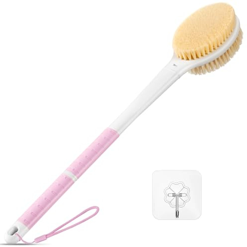 Back Scrubber Body Shower Brush: Anti Slip Long Handle Bath Brush with Stiff and Soft Bristles - Showering Exfoliator Wet or Dry Brushing for Women, Men, Elderly (Pink)