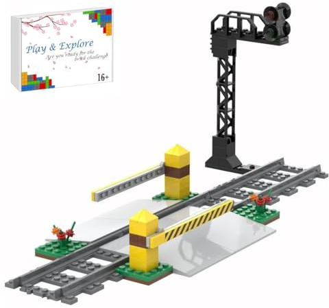 City Schienen Eisenbahnkreuzung Bausteine Set, Zug Schienen Accessoires Geländer Kreuzung Hubhebel Konstruktionsspielzeug Kompatibel mit Großen Marken