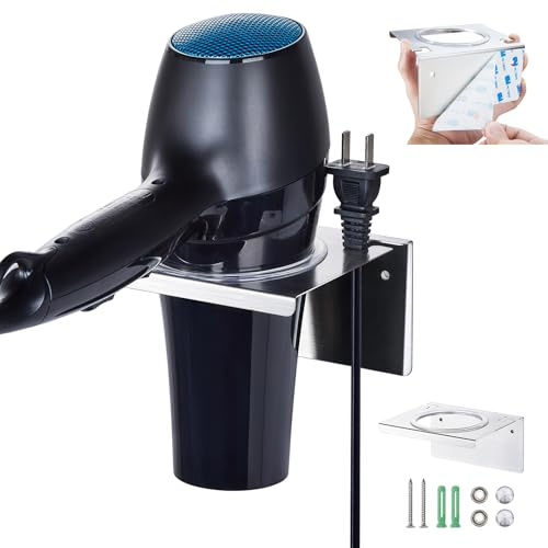 Soporte para secador de pelo de montaje en pared colgador adhesivo de acero inoxidable para secador de pelo gancho organizador para colgar secador de pelo con enchufe y cable para tocador de baño