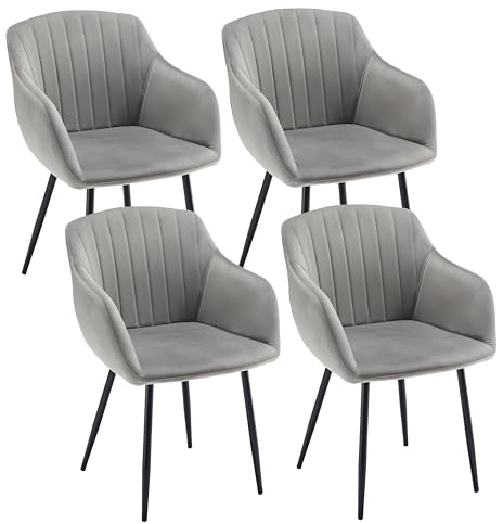 Goeurvant 4er Set Esszimmerstühle mit Armlehnen - Polsterstühle Samt, Moderner Küchenstühle & Armlehnenstuhl mit Metallgestell für Esszimmer, Wohnzimmer, Hellgrau