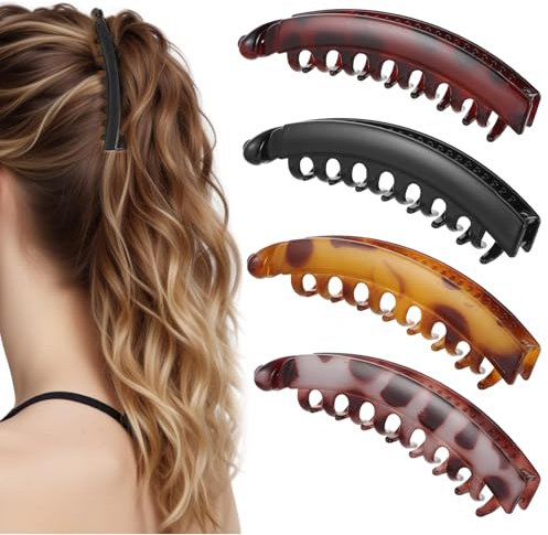 Andibro 4 Stück Groß Bananen Haarspange,Pferdeschwanz Haarklammer Vintage Bananen Clips Bananenspangen Griffkämme Damen Hochwertig Robust Haarschmuck für Frauen Mädchen