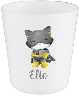 Gobelet Enfant Personnalisé Chat Super-Héros – Gobelet Incassable 230ml Sans BPA – Tasse Prénom École ou Crèche – Cadeau Rentrée Scolaire Garçon