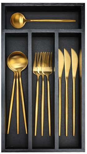 Small Silverware Organizer for Drawer Bamboo Kitchen Utensil Tray Narrow Cutlery Drawer Organizer Flatware Caddy Wooden Utensil Drawers Spoon Fork Holder Black Skinny Silverware Trays Organizers