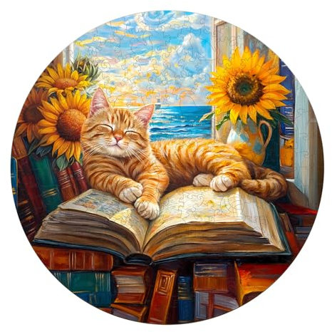 Holzpuzzle Erwachsene, Faule Orangefarbene Katze Holzpuzzle, Unregelmäßige Einzigartige Form Puzzleteile, Geschenkverpackung, Geburtstagsgeschenk für Erwachsene und Kinder(L-34 * 34cm-300 Stück)