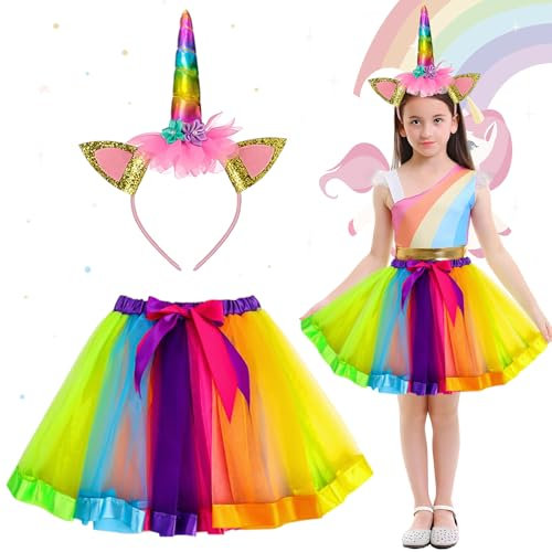 JWDMHSJ Karneval Regenbogen Einhorn Kostüm Set, Einhorn Kostüm Erwachsene, Einhorn kostüm kinder Karneval, regenbogen kostüm kinder Karneval, für Mädchen für Unicorn Cosplay Kindergeburtstag Karneval