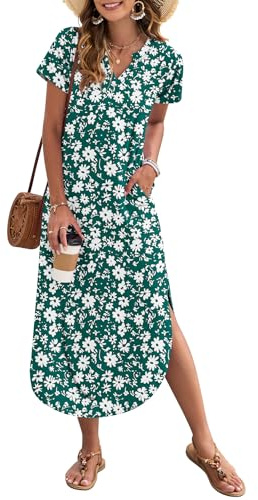AUSELILY Women's Summer Casual Dress with Pockets V Neck | Ladies Long Summer Dresses uk,Short sleeve,Daily wear,Party,Beach,Holiday,Comfortable fabric,Polyester,Spandex