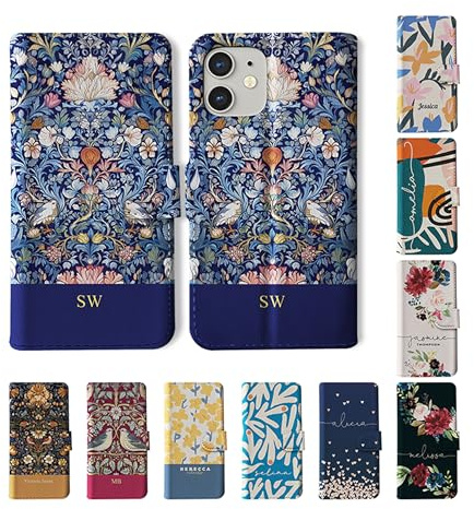 Tirita Personalised Wallet Phone Case for iPhone 11 With Card Holder – Leather Flip Case or Cover With Custom Name – Cute Personalised Gift for Women [01. William Morris Floral Blue Flowers]