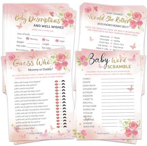 HOMANGA Baby Shower Games for Girl, 4 Fun Games for 25 Guests, Who Knows Mommy Best, Guess Who Mommy or Daddy, Word Scramble, Babies descriptions & Well Wishes, Pink Floral Baby Shower Decorations